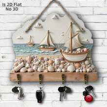 2D Flat Non-3D Nautical Sailboat Shell Wooden Key Hook Wall Decor, Coastal Beach Style Entryway Wall-Mounted Key Storage Rack, Room Decor, Living Room Decor, Home Decor, Nautical Mothers Day Gift, Beach House Entryway Mounted Key Hanger - Multicolor - View 12