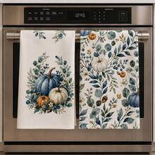 2/4/6/8pcs Kitchen Towels Set, Blue & White Pumpkin Eucalyptus Print Polyester Hand Towels, Watercolor Autumn Botanical Design, Farmhouse Fall Kitchen Decor, Thanksgiving Decorations - Multicolor - View 1