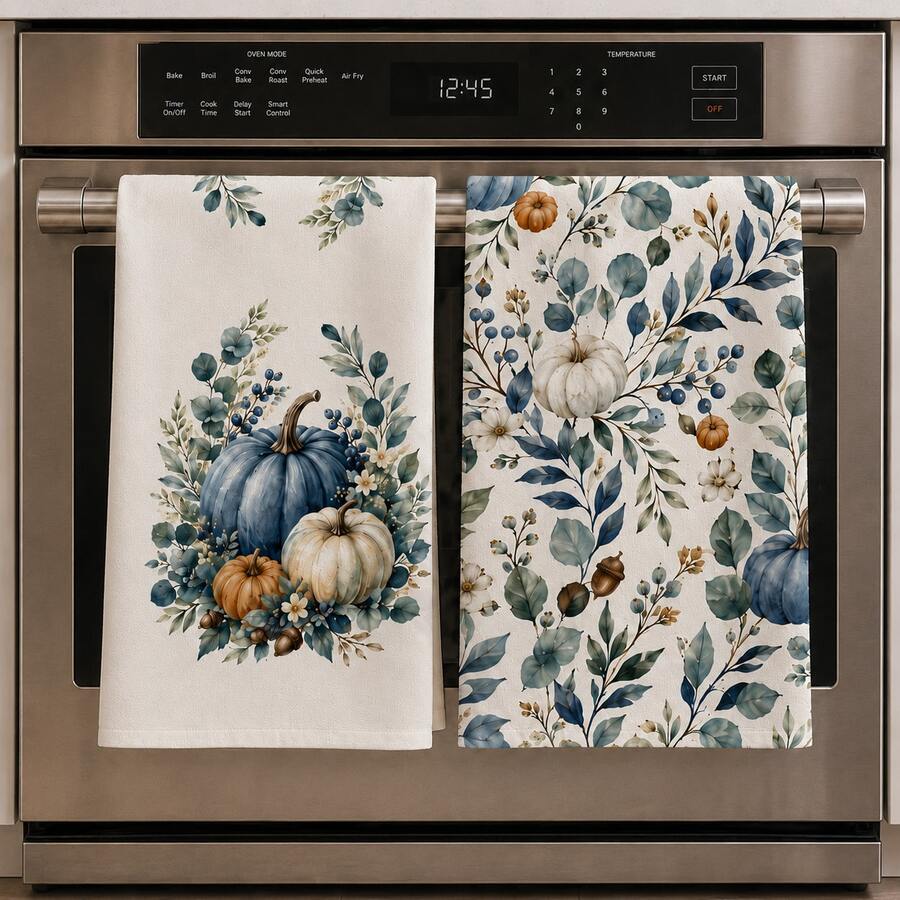 2/4/6/8pcs Kitchen Towels Set, Blue & White Pumpkin Eucalyptus Print Polyester Hand Towels, Watercolor Autumn Botanical Design, Farmhouse Fall Kitchen Decor, Thanksgiving Decorations - Multicolor - View 1