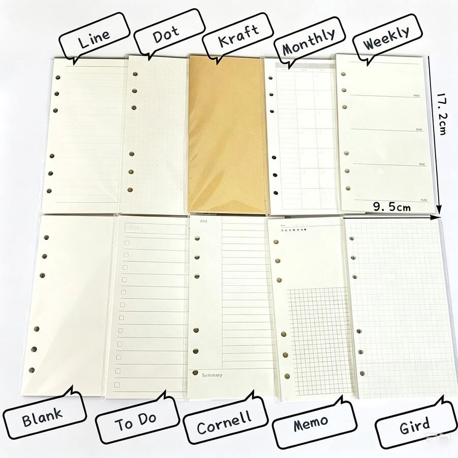 45pcs A6 Size 6-Hole Loose Leaf Refill Paper Set, 10 Mixed Color Planner Pages (Weekly/Monthly/Blank/Grid/Lined/Dot/To-Do/Cornell/Memo/Kraft Paper), Diary Planner Refill Accessories, Back To School Student Stationery Supplies - Multiple Styles - View 1