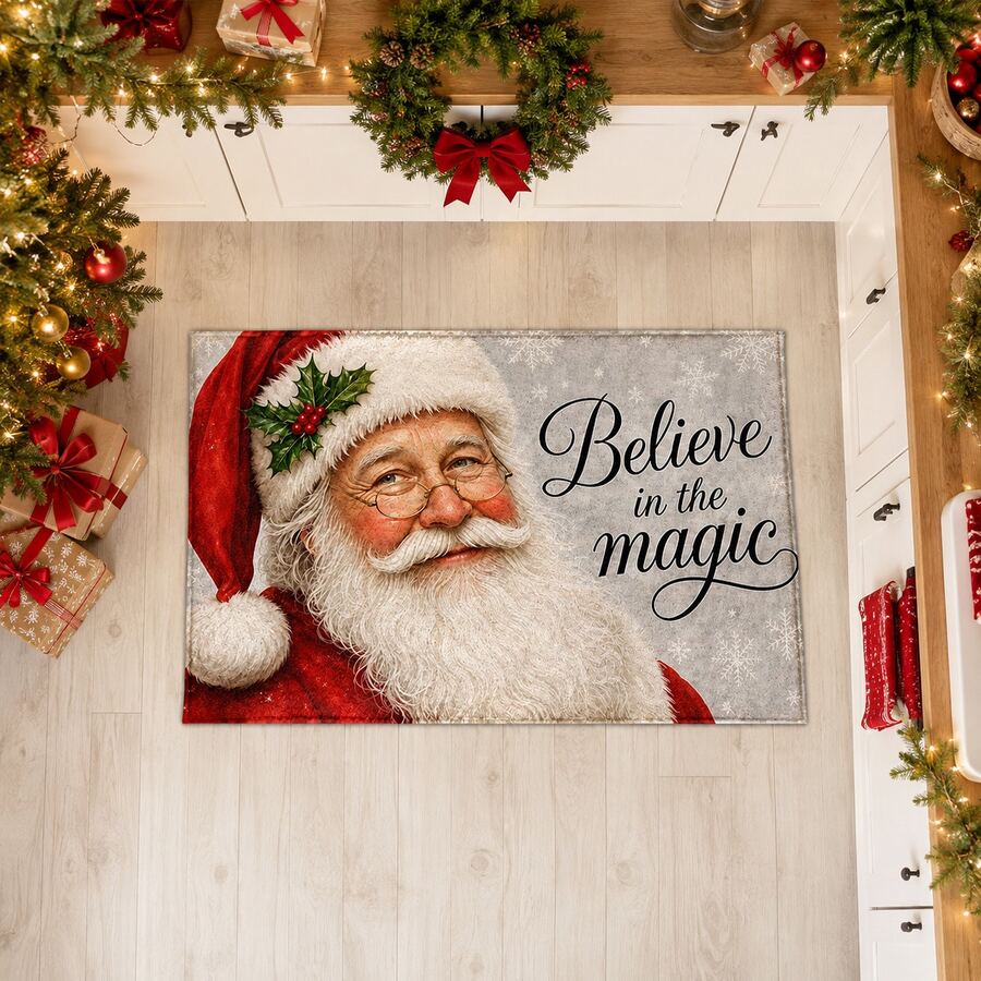 1pc Santa Claus Print Faux Wool Rug, Vintage Santa Portrait And "Believe In The Magic" Letter Pattern Carpet, Classic Holiday Winter Home Decor, Suitable For Entryway, Kitchen, Living Room, Bedroom - Multicolor - View 1