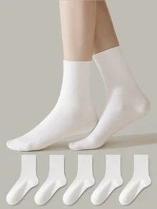 ZUJO 1/5 Pairs Women's Pure White Vertical Ribbed Mid-Calf Socks, Maternity Socks, Pregnancy Socks, Comfortable, Sweat-Absorbent, Breathable, Classic Versatile For Daily Casual Wear, Suitable For Spring, Autumn And Winter - White - View 5