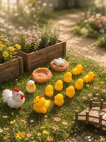 13pcs Mini Chicken Family Resin Figurines, Chicken Theme Desktop Garden Yard Decor, Resin Landscape Decoration, Suitable For Home Party Decoration - A - View 4