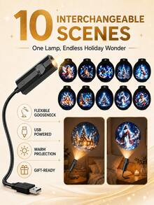 XF.Meraki USB Christmas Projection Night Light, Includes 6 Interchangeable Slides, 360° Rotating Wall And Ceiling Projection Lamp, Santa Claus, Jesus, Christmas Tree And Snowman Patterns, Plug-In Holiday Room Decor, Suitable For Bedroom, Living Room And Party - A - View 4