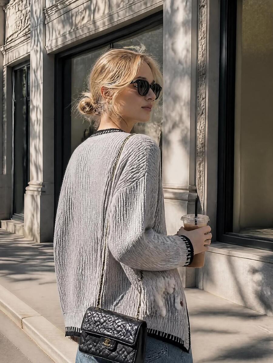 Women's Winter 3D Floral Knit Cardigan - Contrast Trim Cardigan, Christmas New Year Holiday - Grey - View 1