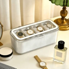 1pc 4-Slot Watch Storage Box, Dust-Proof Transparent Visible Space-Saving Anti-Scratch Premium Thickened PET Plastic Watch Display Organizer Box, Minimalist Modern Transparent Lid White Vertical Stripe Rectangular Hinge Flip Cover Removable Dividers Watch Bracelet Jewelry Storage Display Protection Box, Vanity Bedroom Daily Use Birthday Housewarming Father's Day Gift - Multicolor - View 2