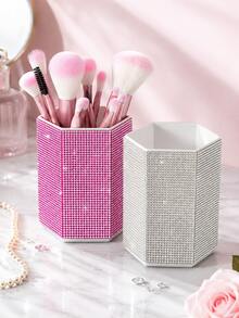 1pc Rhinestone Hexagonal Makeup Brush Holder, Large Capacity, Colorful Rhinestone Inlaid Surface, Hexagonal Column Design, Beauty Tool Storage Box, Suitable For Bedroom Vanity, Makeup Table And Other Scenes - Multicolor - View 6