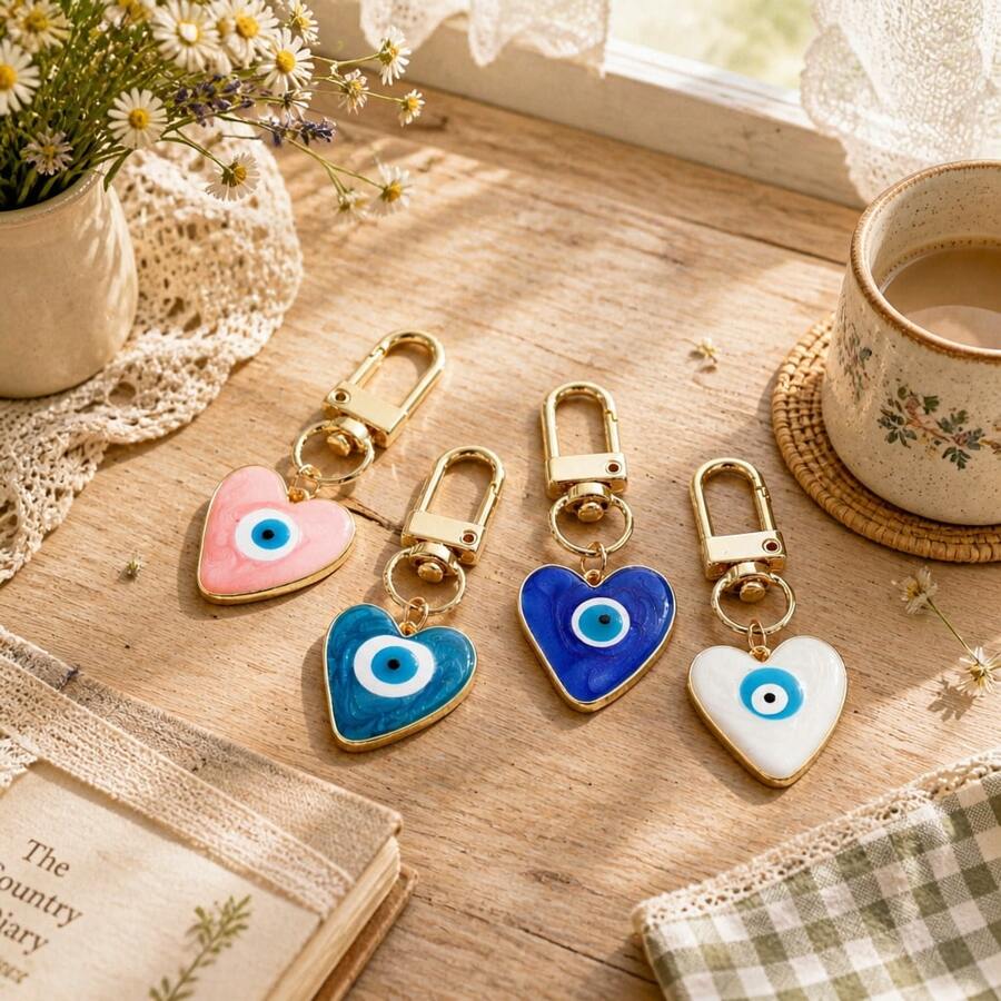 1pc Colorful Evil Eye Heart Shaped Keychain, Gold Tone Metal With Swirl Enamel, Cute Amulet Pendant Suitable For Students - Multicolor - View 1