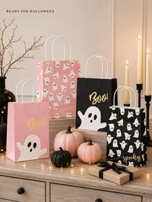 8 Pcs Pink Black Ghost Boo Print Halloween Paper Gift Bag, Reusable Tote Lunch Bag For Holiday Party Candy Present Shopping Packaging - Multicolor - View 2