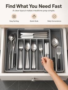 1pc Drawer Organizer Box, Expandable Kitchen Utensil Tray, Adjustable Plastic Spoon Fork Knife Storage Rack, Large Capacity Kitchen Accessories (Black, Grey, White) - Black - View 8