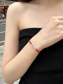 2Pcs Luxury Water Droplet Diamond Bracelet,Unique Circular Diamond With Red String Stainless Steel Bracelet,For Ladies Daily Work Decor - Multicolor - View 6