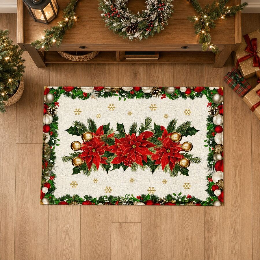 1 buah Karpet Wol Imitasi Motif Bunga Merah Natal, Merah Natal, Motif Daun Holly, Kerucut Pinus, Lonceng dan Bola Natal, Dekorasi Rumah Musim Dingin yang Elegan, Cocok untuk Lorong Masuk, Dapur, Ruang Tamu, Kamar Tidur - MultiWarna - View 1