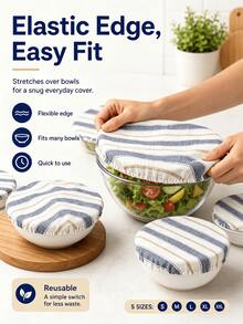 1pc Reusable Bowl Covers Striped Cotton Linen Fabric Elastic Bowl Lid Reusable Food Storage Covers For Salad Bowls Containers Kitchen Food Preservation Dustproof Bowl Wraps 5 Sizes Available - Multicolor - View 3