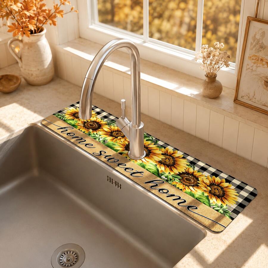 1pc Sink Faucet Absorbent Mat, Autumn Sunflower Pattern, Drainage Mat, Suitable For Kitchen, Bathroom Sink, Countertop, Drainage Mat, Diatomaceous Earth Material, Trimmable, Quick-Drying Mat - Multicolor - View 1