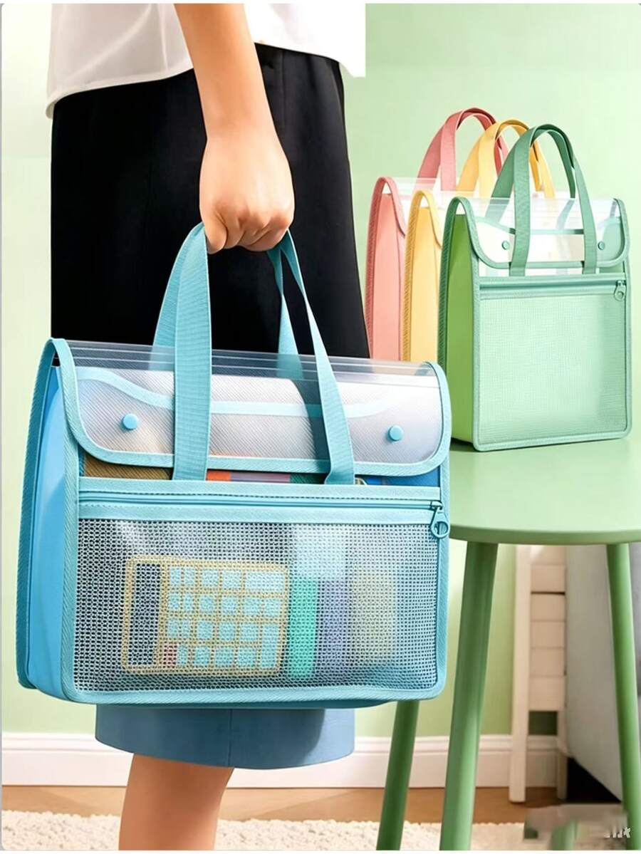 Large Capacity A4 PP Diagonal Stripe Handheld Document Bag, Snap Button Transparent Cover File Bag, Portable Handheld Student Book Storage Bag, Student Office Stationery Organizer - Single Piece - View 1