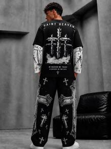 Krometka Men's Gothic Cross Print 2 In 1 Long Sleeve T-Shirt + Wide Leg Pants 2 Pieces Set, Dark Loose Casual Outfit - Black - View 2