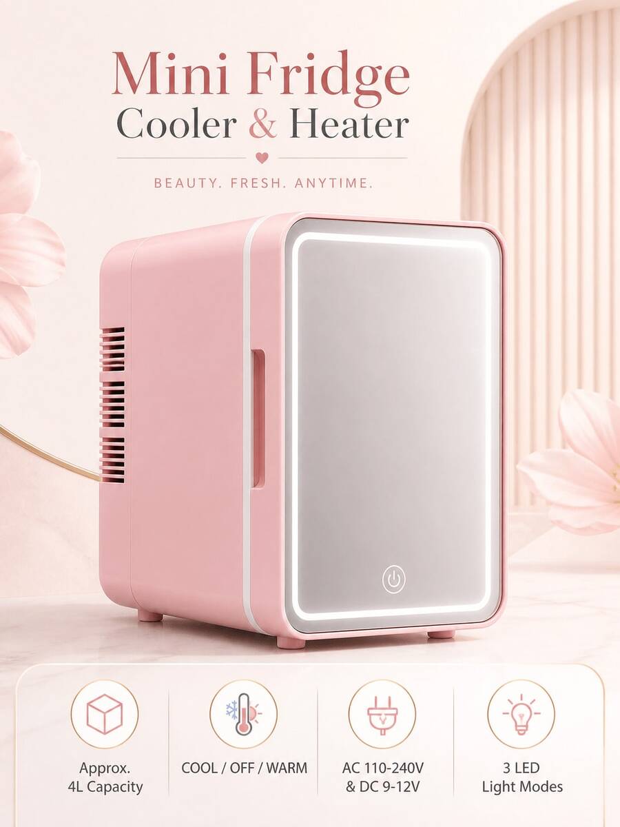 4L Mini Portable Dual-Use Skincare Refrigerator With Adjustable LED Makeup Mirror, Cold And Hot Functions, Suitable For Storing Cosmetics, Snacks And Beverages, For Bedroom, Office And Car Use - UK Plug(220-240V) - View 1