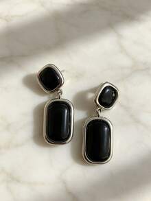 1 Pair Vintage Old Money Style Fashion High-End New Geometric Black Agate Dangle Earrings Ear Clips Women's Fashion Jewelry Accessory - Old Money Style Black Onyx Clip-on Earrings - View 5