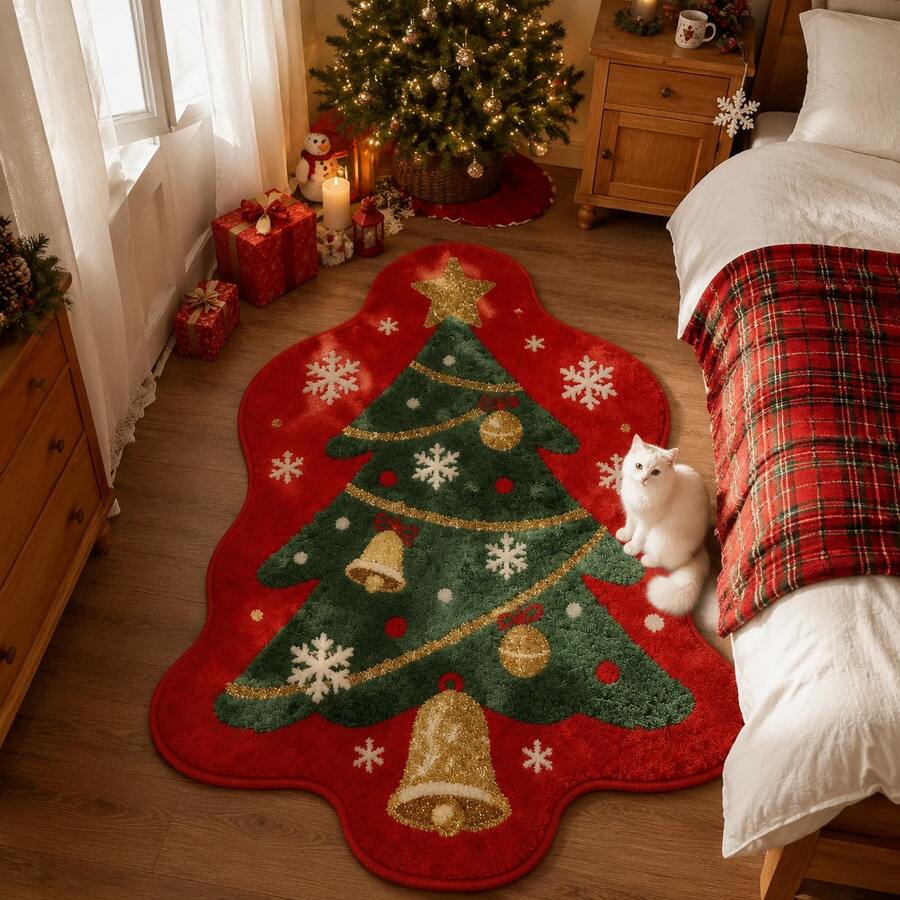 1pc Christmas Tree Shaped Faux Cashmere Rug, New Autumn/Winter Design With Bell, Snowflake And Colorful Ball Elements, Red And Green Color Tone, Soft And Comfortable Touch, Machine Washable, Suitable For Bedroom, Living Room And Entryway, Enhances Holiday Home Atmosphere - Multicolor - View 1