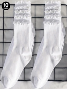 10 Pairs Women's Black & White Mixed Color Ruffle Edge Casual Versatile Mid-Calf Socks, Odor-Resistant, Sweat-Absorbent, Comfortable, Suitable For Students, Adults, Daily Wear, Gift - White - View 12