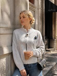 Spring New Women's Korean Style Minimalist Stand Collar Zipper Cardigan Sweater With Daisy Embroidery, Versatile - Grey - View 4