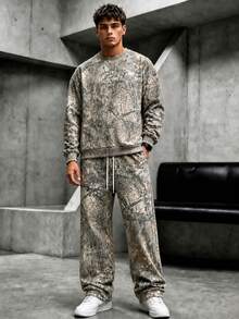 Krometka Men's Outdoor Tree Pattern Camouflage Set, Crew Neck Drop Shoulder Sweatshirt + Wide Leg Sweatpants 2 Pieces Set, Vintage All-Over Print Camouflage Casual Sports Outfit - Khaki - View 1