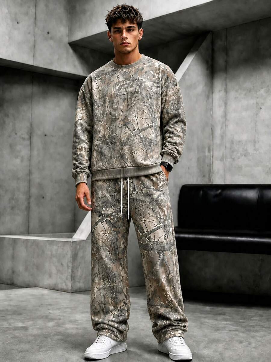 Krometka Men's Outdoor Tree Pattern Camouflage Set, Crew Neck Drop Shoulder Sweatshirt + Wide Leg Sweatpants 2 Pieces Set, Vintage All-Over Print Camouflage Casual Sports Outfit - Khaki - View 1