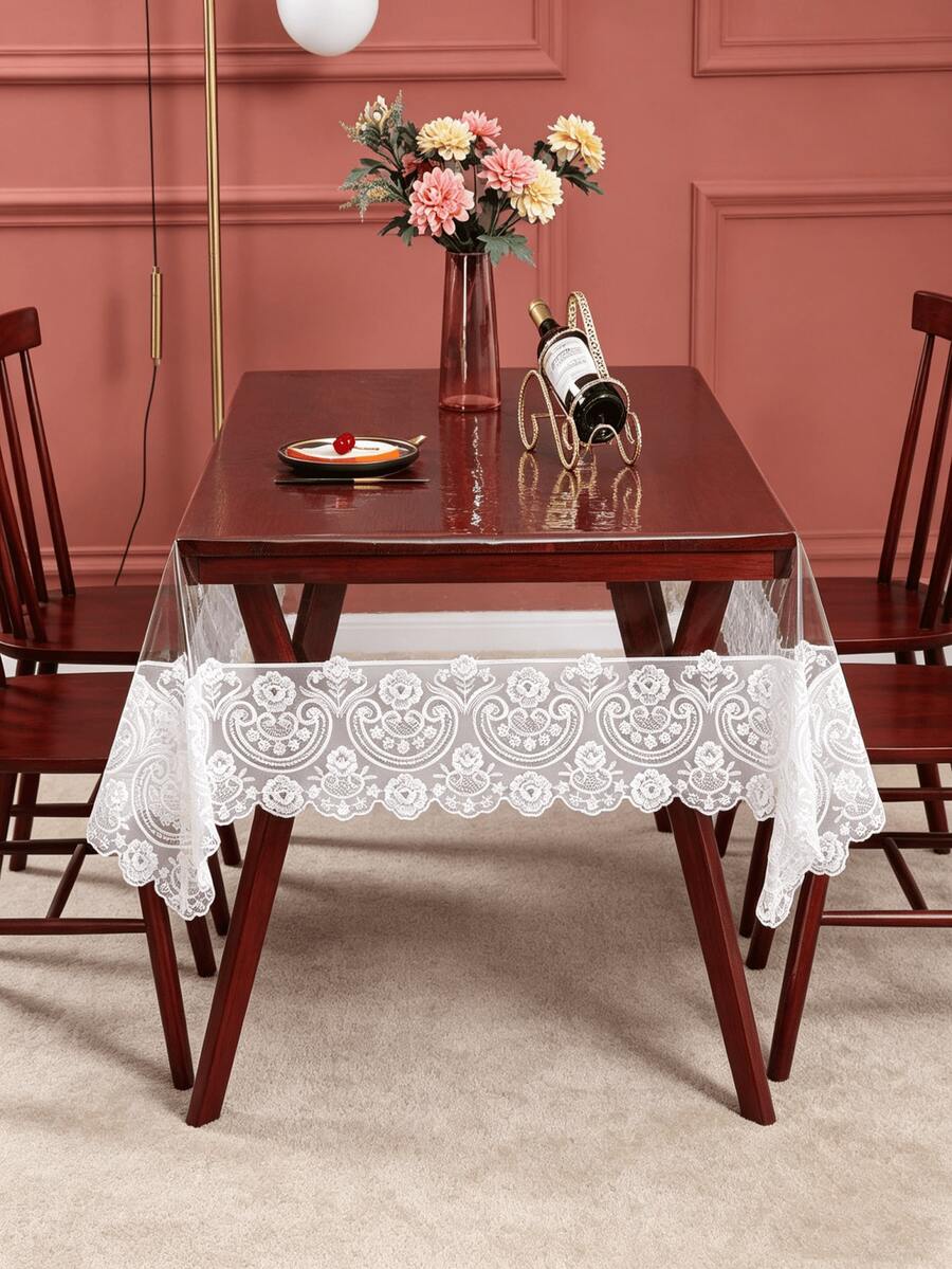 1pc Transparent PVC Tablecloth With White Lace Trim, Waterproof, Oil-Resistant, Easy To Clean, Home Dining Table Cover - White - View 1