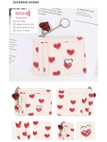Women's Cute Y2K Red Heart Print PU Leather Card Holder With Keychain, Heart Charm & Metal Detail, Zipper Mini Wallet - White - View 6