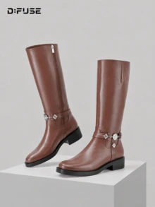 D:FUSE Women's Solid Color Round Toe Side Zipper Knee-High Low Chunky Heel Horse Riding Boots, Vintage Y2K Office Siren, Date, Commute, Comfortable Party, Brown Genuine Leather - Brown - View 12
