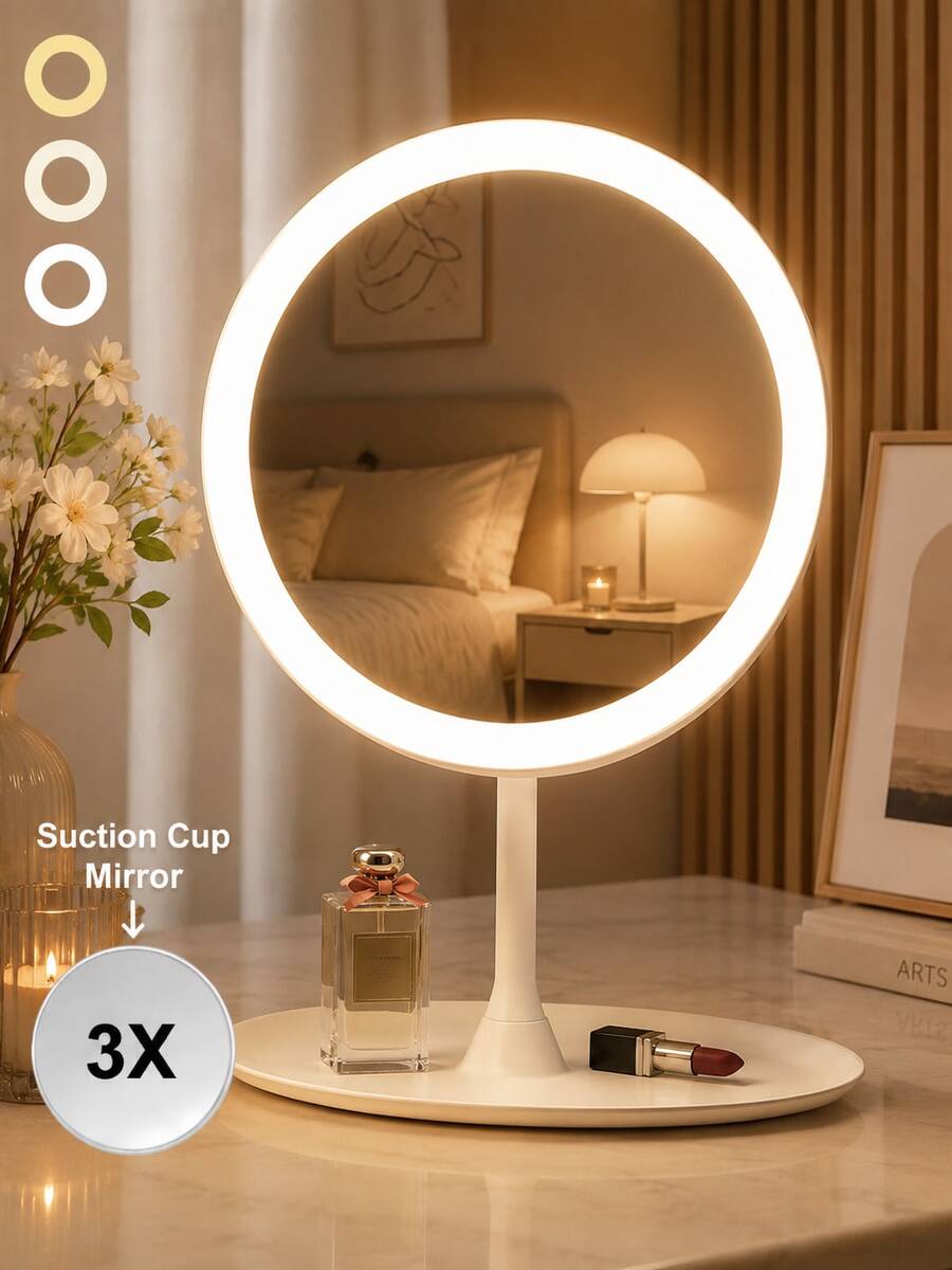 LED Makeup Mirror With Lights, Optional 3X Magnifying Suction Cup Mirror Set, 3 Lighting Modes, Tabletop Makeup Mirror, Vanity Mirror With Storage Base, Touch Control, 320mAh Battery, Suitable For Home, Bedroom And Travel Use, Ideal Holiday Gift
