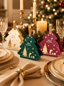9pcs Christmas Tree Shaped Gift Boxes, Gold Foil Stamped Portable Gift Boxes, Suitable For Candy, Small Gifts, Christmas Party Favors, Small Gift Packaging, Holiday Packaging, Christmas Party Small Gifts, Snack Boxes (Multi-Color) - Multi-color - View 6