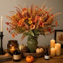 4pcs Artificial Fall Flowers With Vase, Autumn Faux Floral Arrangement With Orange & Red Blooms And Fern Leaves, Thanksgiving Table Centerpiece, Rustic Farmhouse Decor For Dining Table, Kitchen, Living Room & Home - Multicolor - View 4