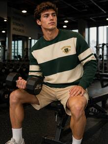 Men's Collegiate Style Rugby Striped Crew Neck Sweatshirt, Campus League Badge Print Colorblock Long Sleeve Casual Pullover - Multicolor - View 1