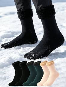 1/3/5 Pairs Men's Multi-Color Warm Winter Round Socks, Fluffy Cuff Snow Socks Suitable For Cold Weather Outdoor Hiking - Multicolor - View 1