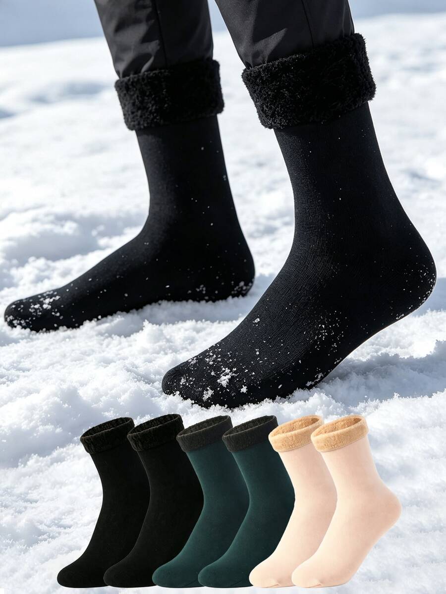 1/3/5 Pairs Men's Multi-Color Warm Winter Round Socks, Fluffy Cuff Snow Socks Suitable For Cold Weather Outdoor Hiking - Multicolor - View 1