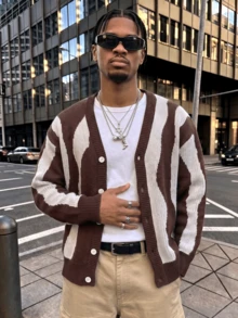 ANDREILEE Men's Fashion Casual Versatile V-Neck Button-Up Cardigan Long Sleeve Loose Ribbed Knit Sweater Daily Commute Home Outerwear Autumn/Winter - Brown - View 1