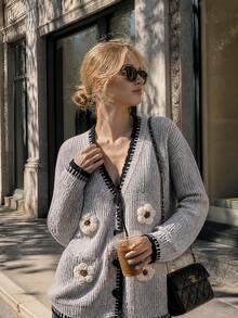 Women's Winter 3D Floral Knit Cardigan - Contrast Trim Cardigan, Christmas New Year Holiday - Grey - View 5