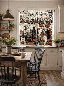 3pcs Happy Halloween Kitchen Curtain Set, Ghost Pumpkin Haunted Castle Truck Graveyard Print Tier Panels With Valance For Spooky Farmhouse Window Decor - E - View 4