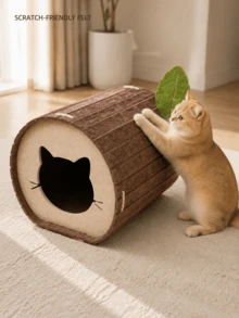 Papan Penggaruk Kucing, 2-in-1 Rumah Penggaruk Kucing & Tempat Tidur Gua Kucing dari Felt, Cocok untuk Kucing dan Anak Kucing Dalam Ruangan, Tempat Tidur Kucing Tertutup Berbentuk Batang Pohon, Dapat Menggaruk, Bermain, dan Tidur, 15,7 Inci (40 cm), 1 buah - Satu-Ukuran - View 1