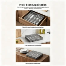 1pc Covered Cutlery Drawer Organizer, Dust-Proof Large Capacity PP Tray, Pure Gray Rectangular 6-Compartment, Transparent Hinged Flip Lid, Non-Slip Base, Cutlery And Kitchen Utensil Storage Rack, Suitable For Kitchen Drawers And Cabinets, Daily Use And Housewarming Gift - Multicolor - View 2
