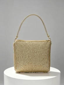 1件金色亮片珠飾方形晚宴包，彩色漩渦螺旋刺繡圖案，水鑽手提拉鍊軟包，可拆卸鍊條斜跨包，適合派對、婚禮、正式禮服 - 金色 - 查看 6