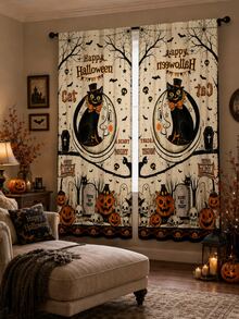 2pcs Vintage Halloween Curtains, Black Cat Moon Pumpkin Cemetery Skull Bat Print Curtain Fabric, Suitable For Living Room Bedroom Haunted House Party Decoration - F - View 4