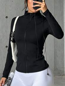 Hidkat Women's Fashion Solid Color Zipper Front Stand Collar Yoga Casual Sports Knit Jacket - Black - View 3
