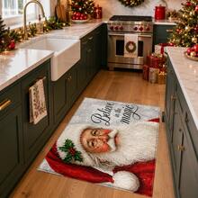 1pc Santa Claus Print Faux Wool Rug, Vintage Santa Portrait And "Believe In The Magic" Letter Pattern Carpet, Classic Holiday Winter Home Decor, Suitable For Entryway, Kitchen, Living Room, Bedroom - Multicolor - View 5