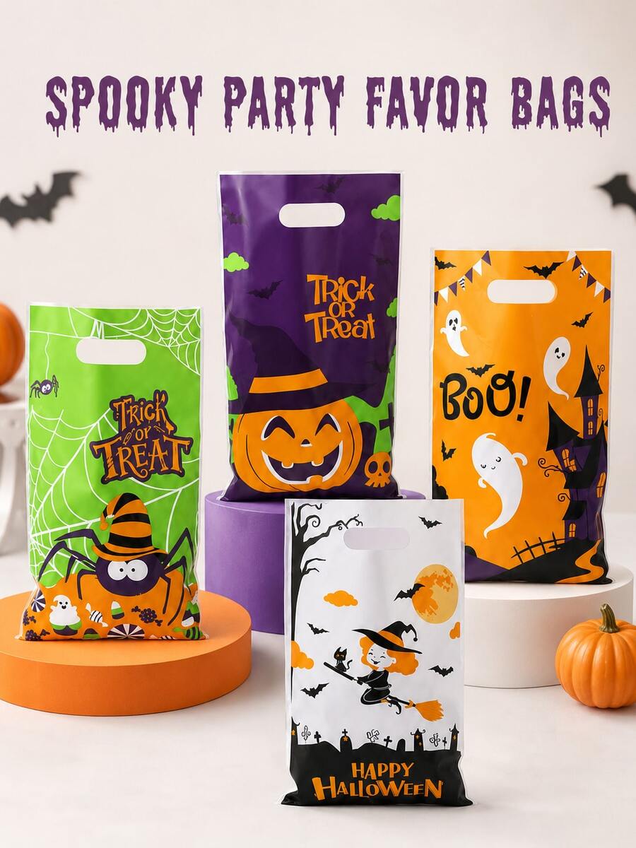 10pcs 4 Random Assorted Reusable Halloween Candy Gift Bags With Handles, Pumpkin Ghost Witch Spider Spooky Patterns, Suitable For Trick Or Treat Party, Haunted House Event And Holiday Favor Packaging - Multicolor - View 1