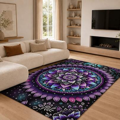 Extra Large Bohemian Purple Mandala Area Rugs - Non-Slip Machine Washable Floor Rugs With Purple/Blue/Pink/Black/Teal Intricate Pattern, Durable Polyester & Backing For Living Room, Bedroom, Home Decor, Soft Indoor Decorative Home Accent