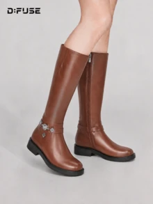 D:FUSE Women's Solid Color Round Toe Side Zipper Knee-High Low Chunky Heel Horse Riding Boots, Vintage Y2K Office Siren, Date, Commute, Comfortable Party, Brown Genuine Leather - Brown - View 9