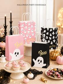 8 Pcs Pink Black Ghost Boo Print Halloween Paper Gift Bag, Reusable Tote Lunch Bag For Holiday Party Candy Present Shopping Packaging - Multicolor - View 1