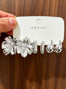 4/6/16PCS Fashionable Elegant Floral Geometric Multi-Element Silver Metallic Earring Set, Women's Fashion Earring Set, Suitable For Daily Wear, (Lightweight CCB Material, Non-Fading) Suitable For Various Occasions. - Silver - View 2
